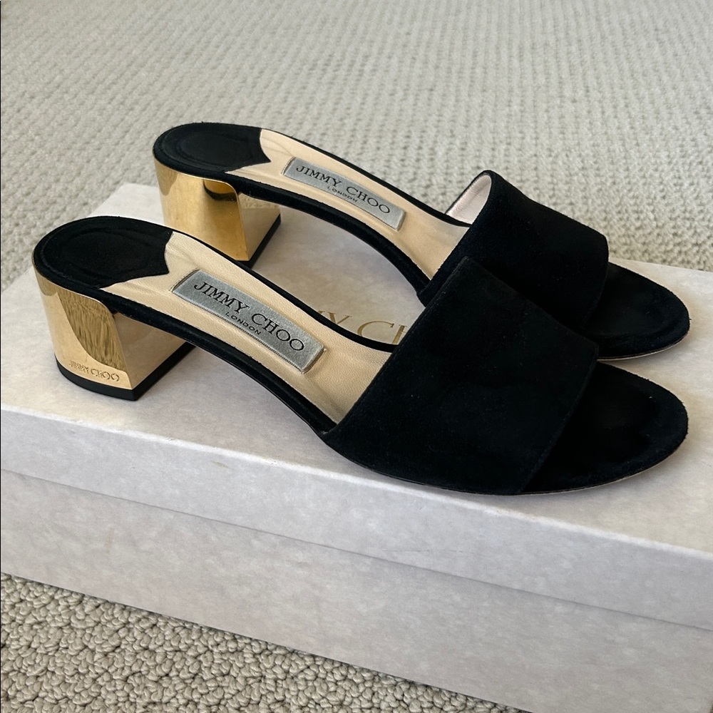 Jimmy Choo Joni Mules Sandals Slides Black Suede Gold Heel Size 38